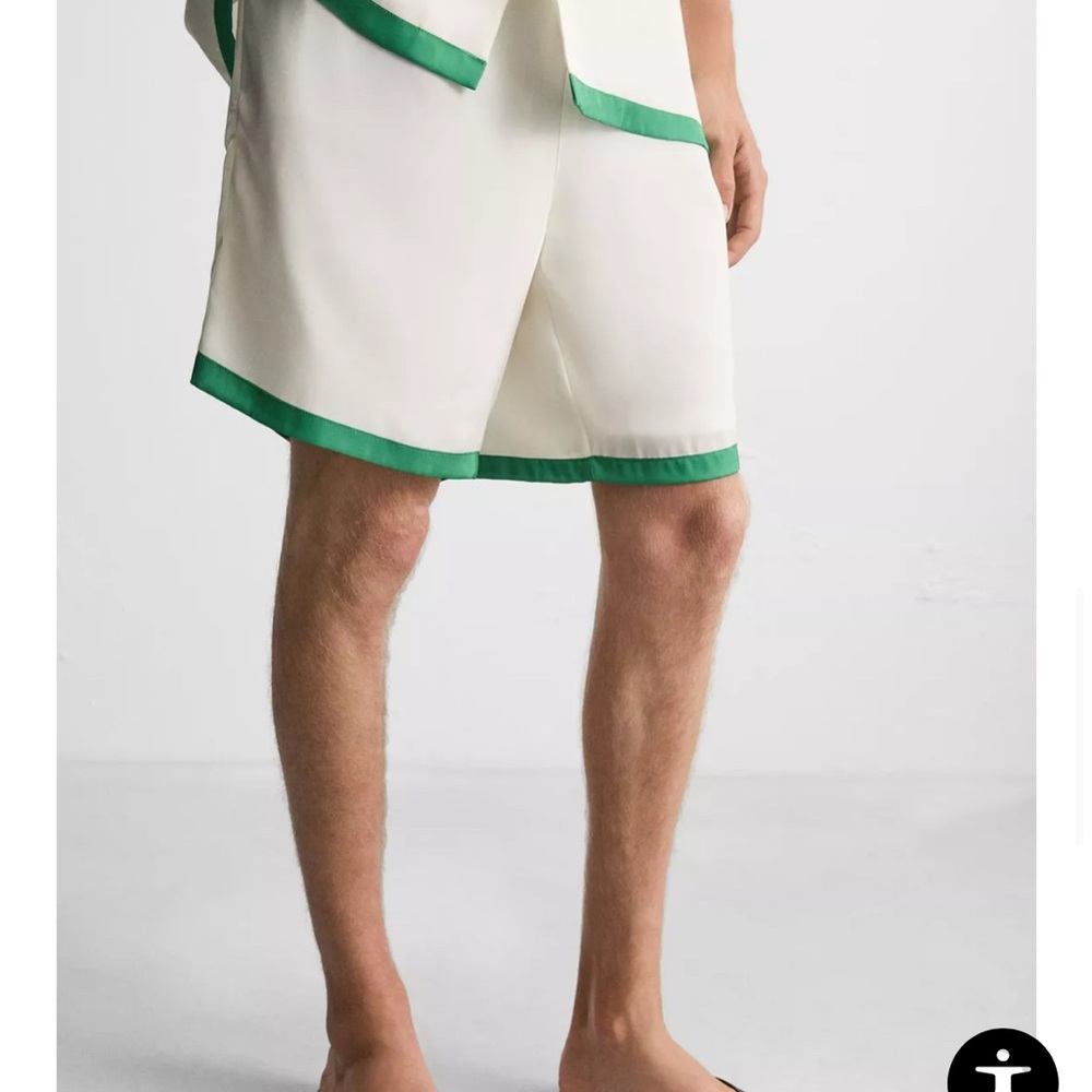 Satin shirt and shorts contrast stripe. Set- Size XL. Cream and Green color - Picture 11 of 13